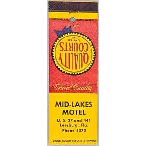 Front Strike Matchbook Cover Mid-Lakes Motel Leesburg FL Florida Red Background